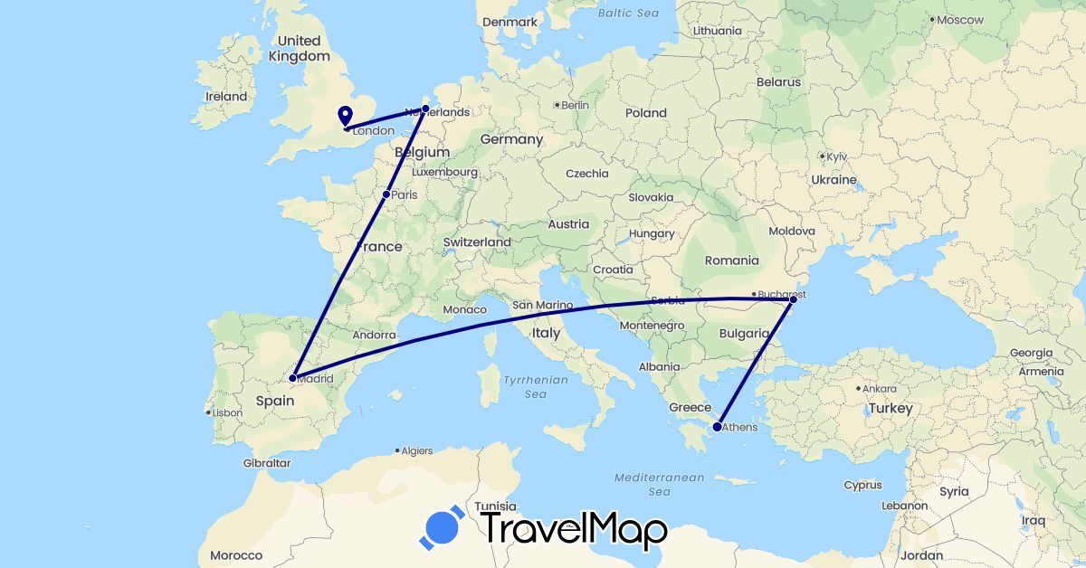 TravelMap itinerary: driving in Spain, France, United Kingdom, Greece, Netherlands, Romania (Europe)